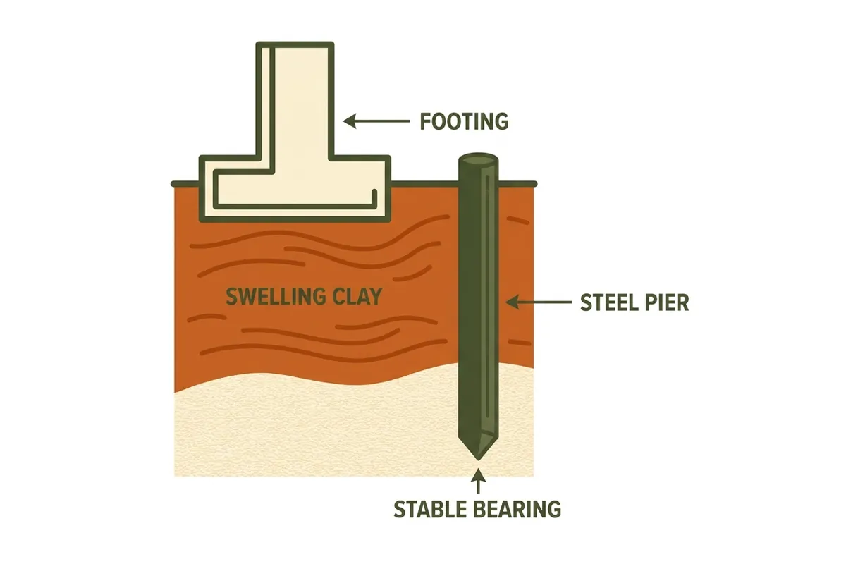 Cutaway diagram: pier driven through swelling Black Belt clay to stable bearing beneath a footing