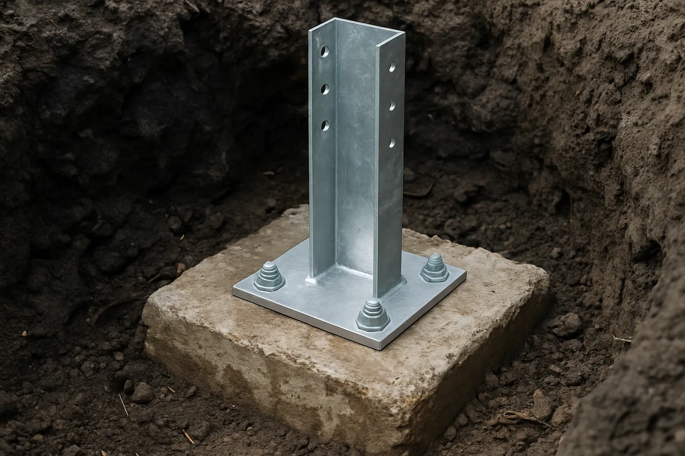 Pier bracket bolted to a concrete footing in dark Black Belt clay during a Montgomery underpinning